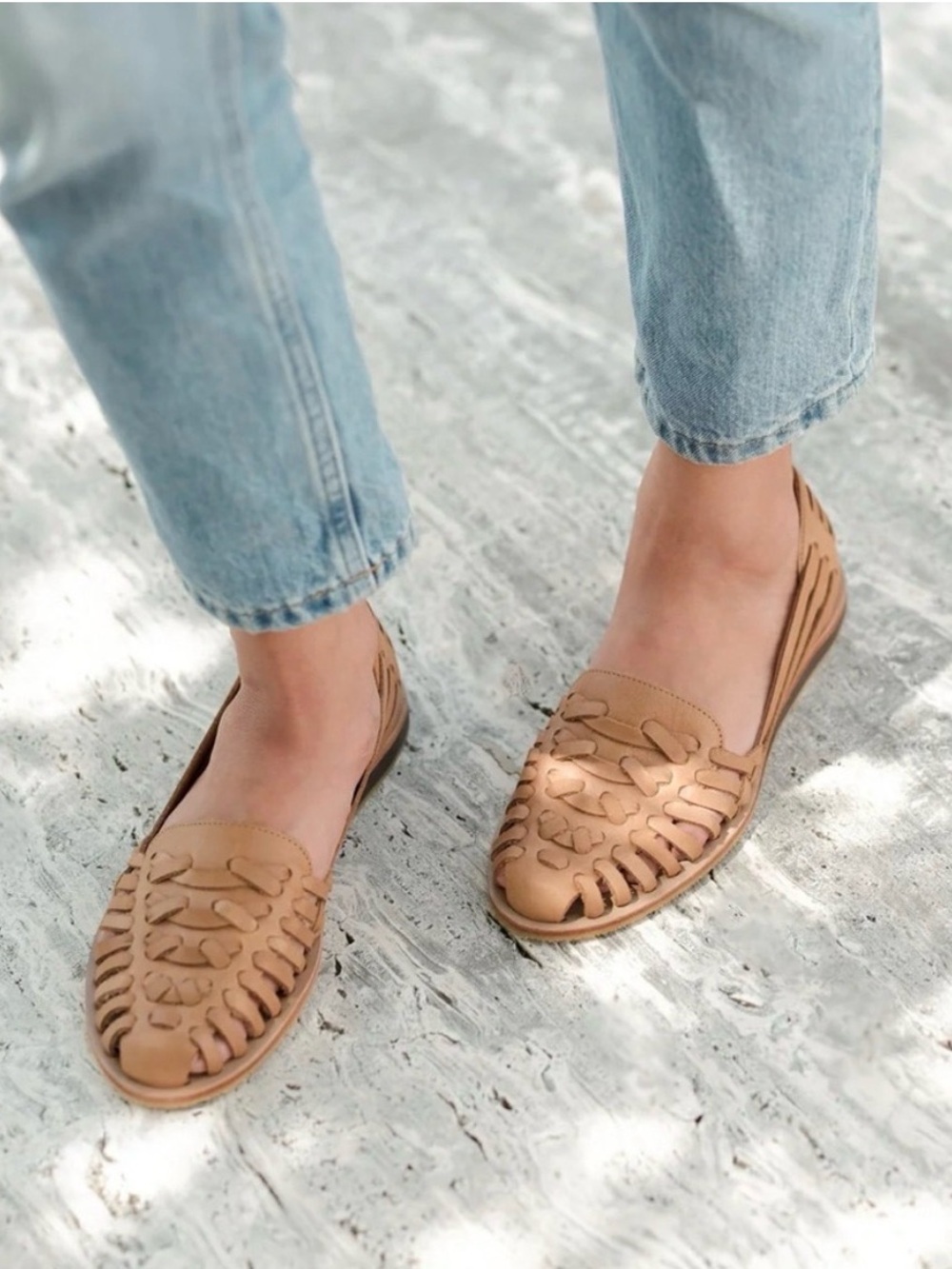 Nisolo 9.5 Huarache Sandal handwoven leather slip on summer flat strappy tan